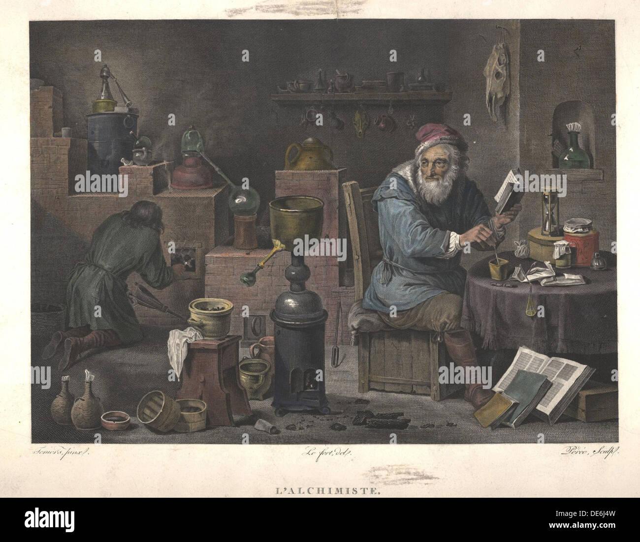 Der Alchemist (nach dem Gemälde von David Teniers), 18 Prozent.. Artist: Perée, Jacques Louis (1769-1832) Stockfoto