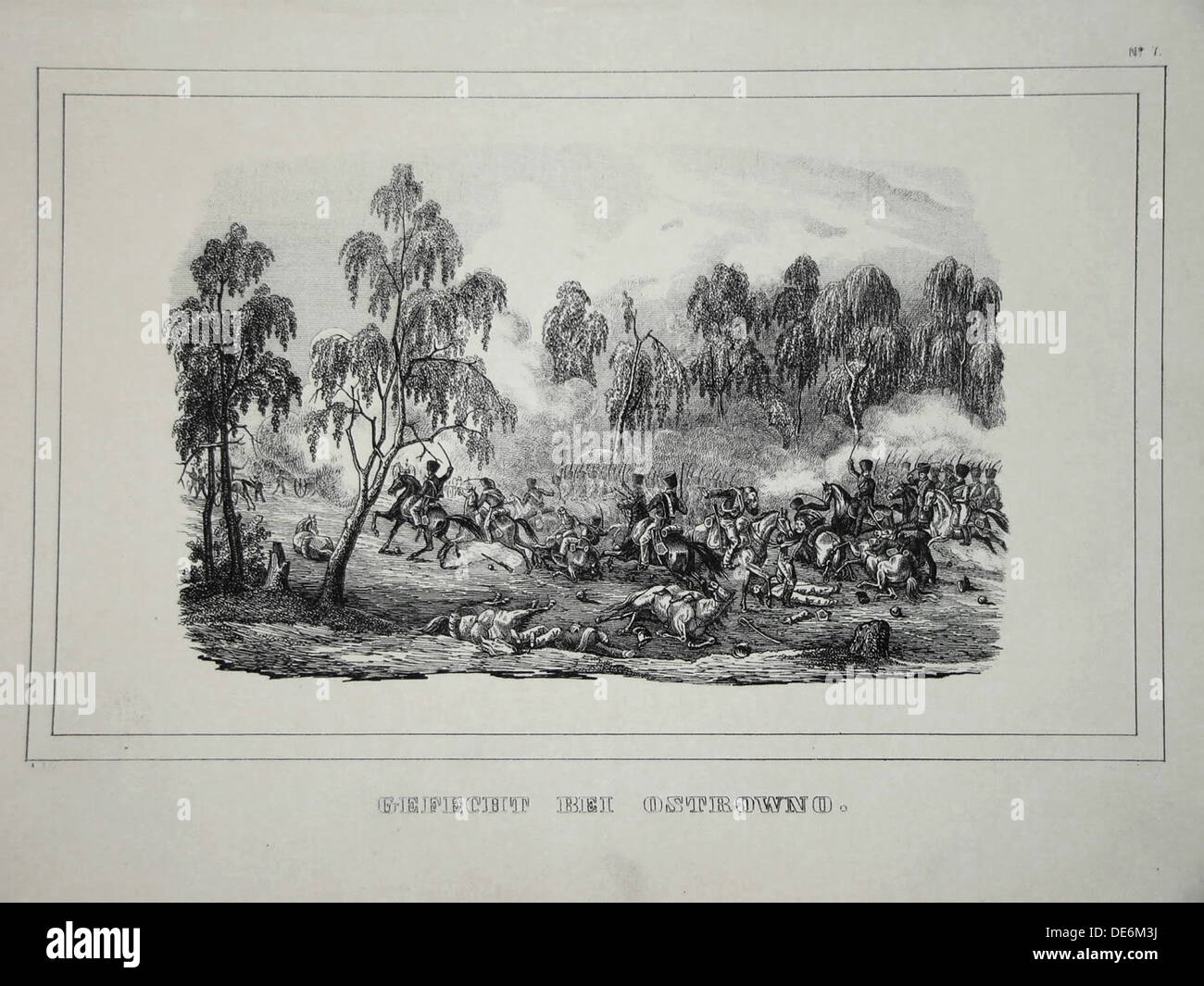 Kampf zwischen russischen Truppen und der französischen Kavallerie in der Nähe von Ostrovno 25-26 Juli 1812. Künstler: anonym Stockfoto