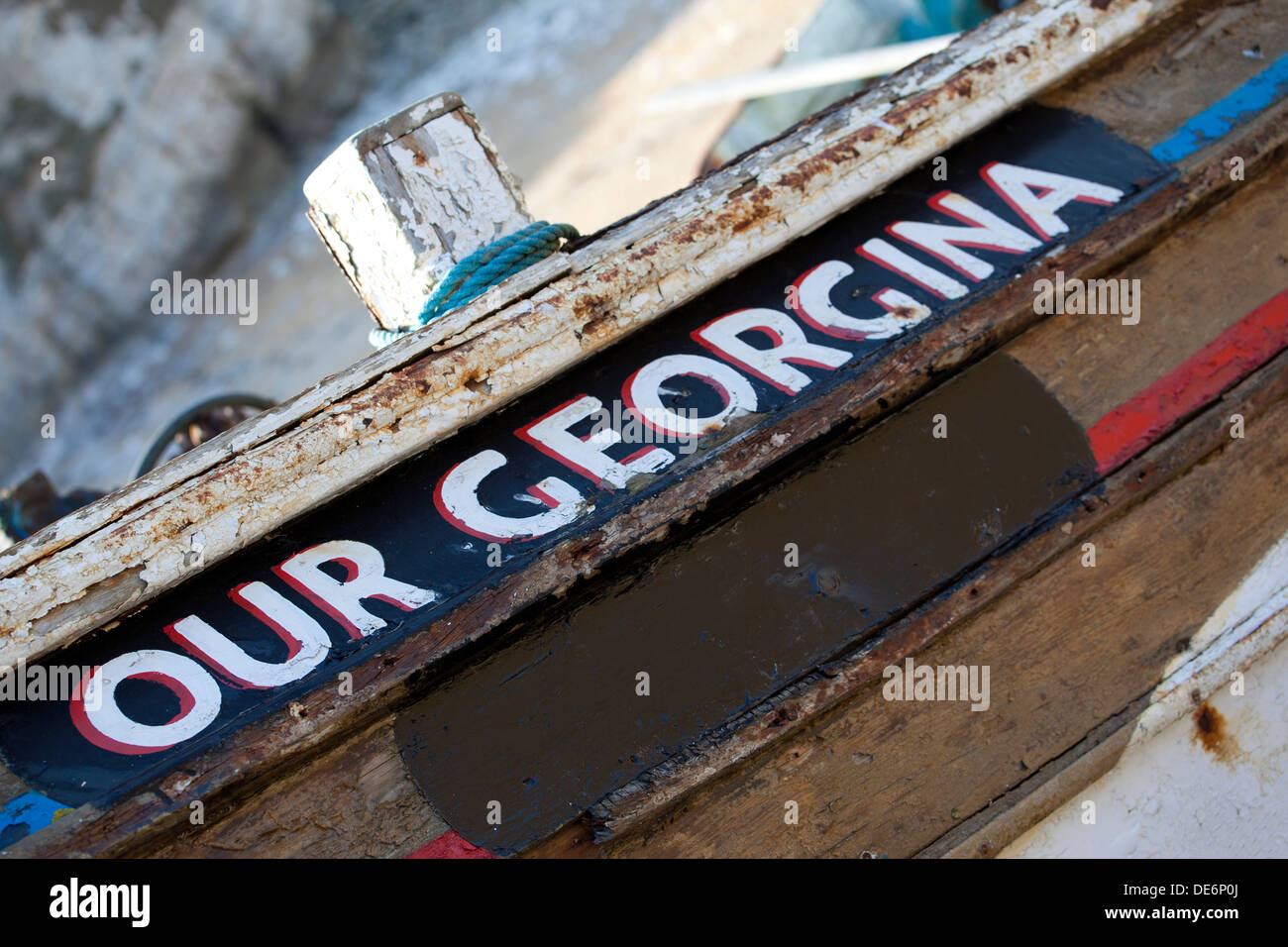 Name malte auf Fischerboot Flamborough North Landing, East Yorkshire, UK Stockfoto