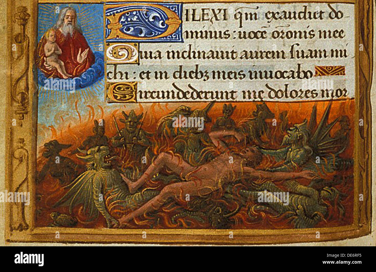 Buch der Stunden, Detail: Tauchgänge, die von Dämonen gequält und von der Seele des Lazarus aufgepaßt, C. 1500. Artist: Poyet, Jean (1483-1497) Stockfoto