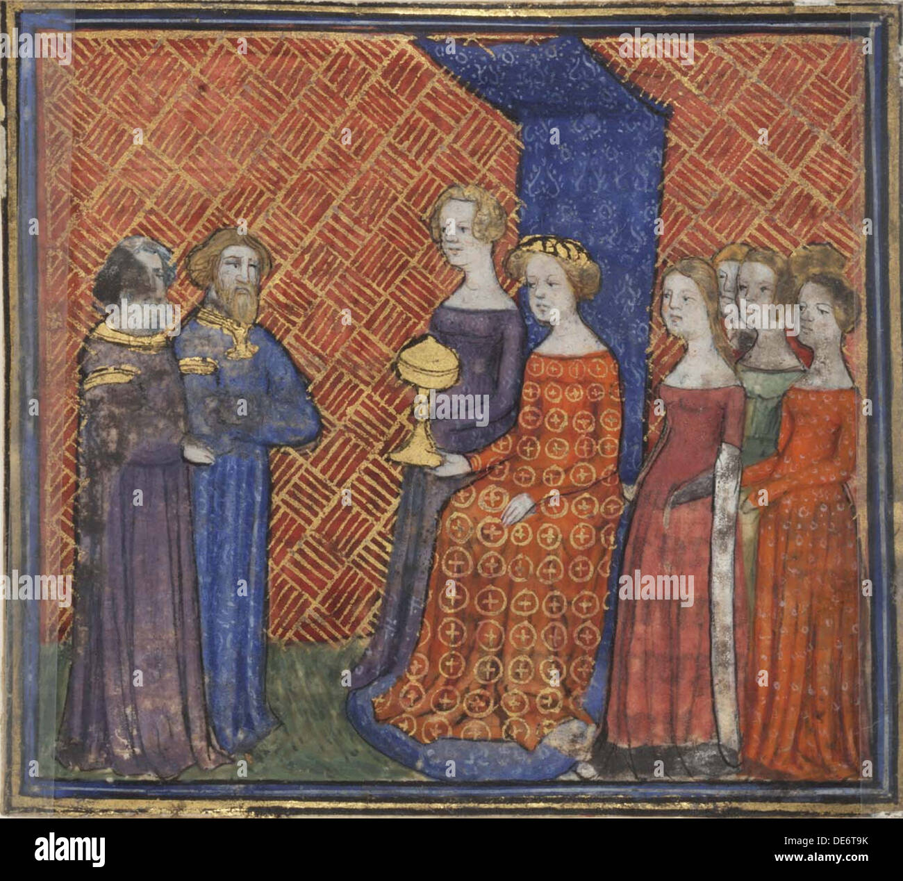 König Salomo, die die Königin von Saba (aus der Bibel historiale durch Guiart Moulins), 1400-1415. Artist: Virgil Master (1380-1420) Stockfoto