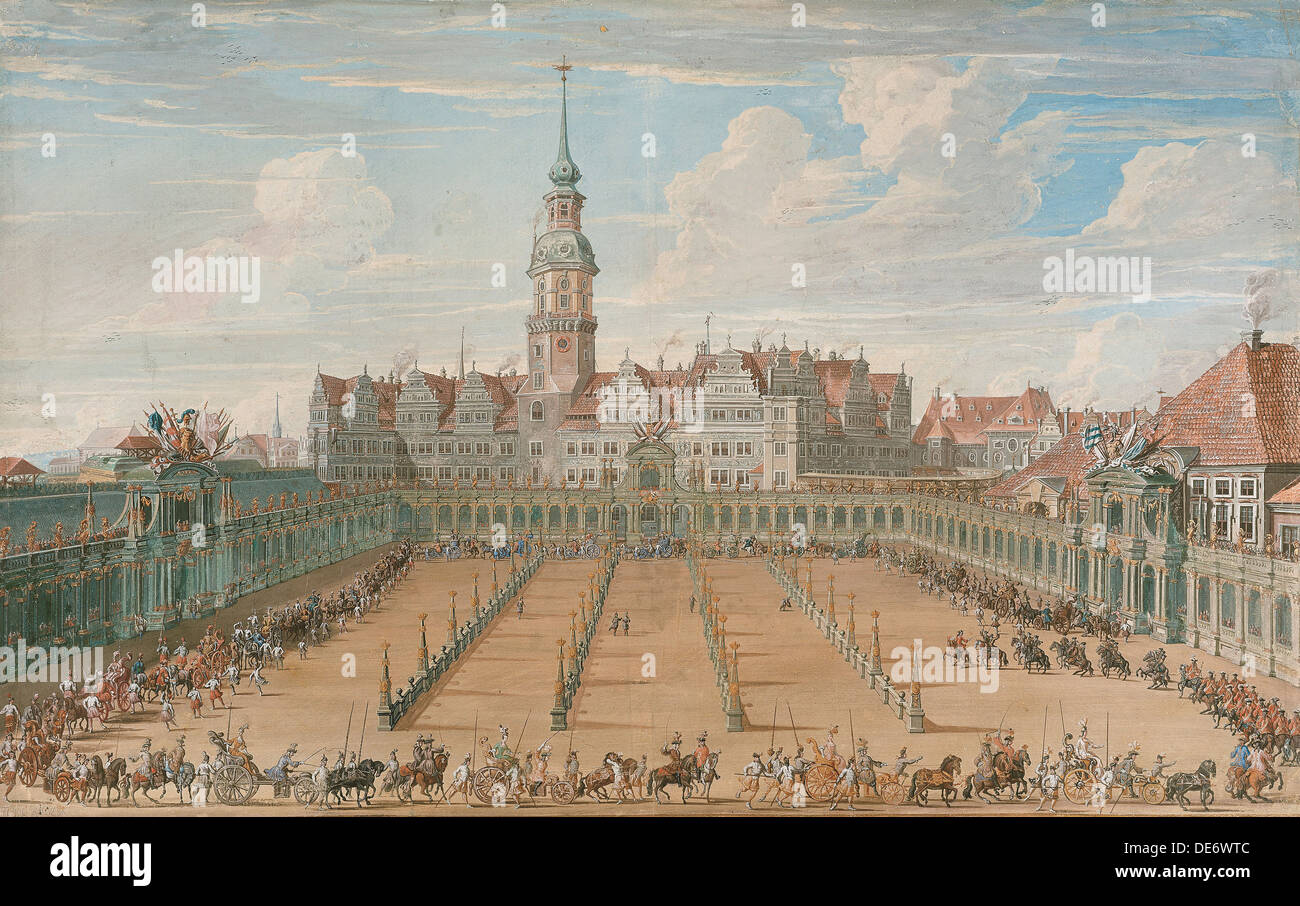 Parade der Damen Ring-Rennen am Juni 6, 1709 in Dresden, 1710. Künstler: Fritzsche, C. H. (aktiv aus dem 18. Jahrhundert) Stockfoto