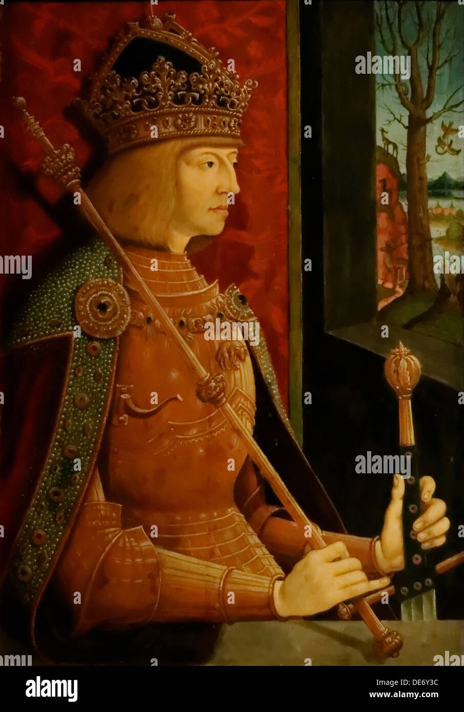 Kaiser Maximilian I (1459-1519), mit Krone, Zepter und Schwert, um 1500. Künstler: Strigel, Bernhard (ca. 1460-1528) Stockfoto