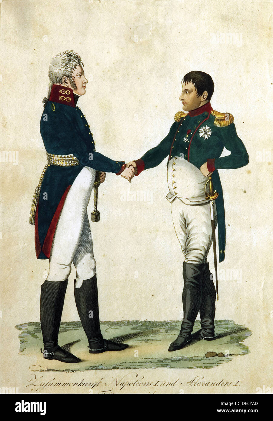 Meeting von Napoleon und Alexander i., 1808. Künstler: anonym Stockfoto