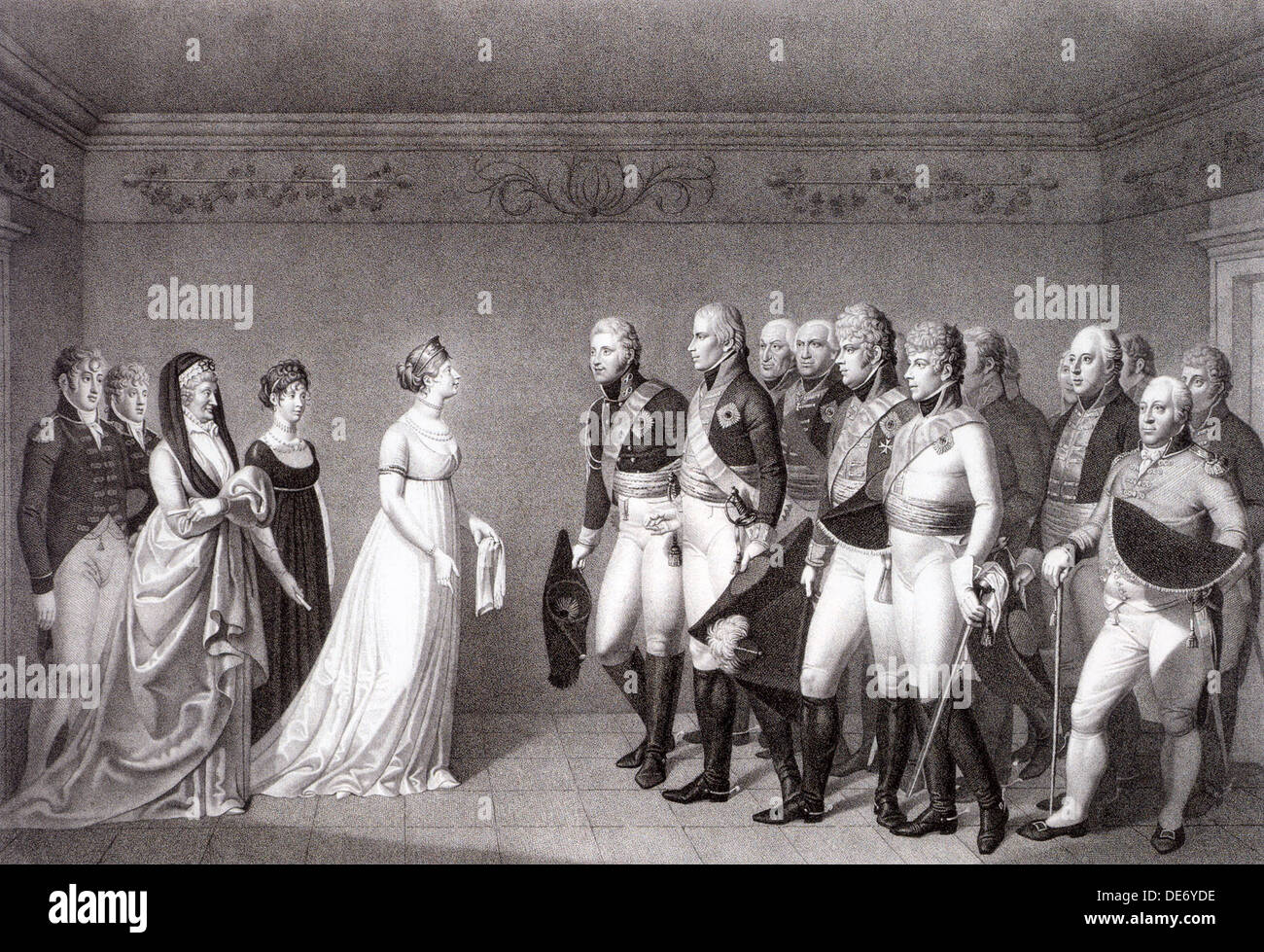 Das Treffen zwischen Luise von Preußen und der Kronprinz Alexander von Rußland in Memel, 1805. Artist: Schraube, Johann Friedrich (1769-1836) Stockfoto