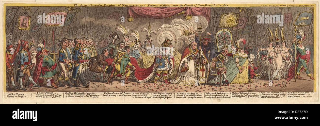 Die Grand Krönungsprozession von Napoleon der 1 Kaiser von Frankreich, von der Kirche Notre-Dame, 1805. Artist: Gillray, James (1757-1815) Stockfoto