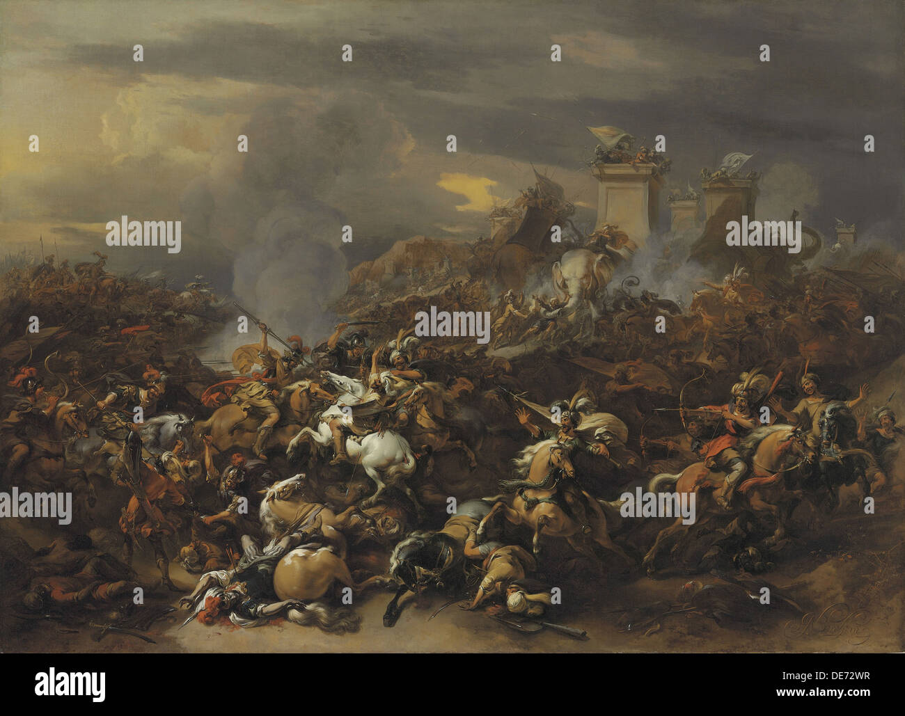 Die Schlacht von Alexander dem großen gegen den König Poros. Künstler: Berchem, Nicolaes (Claes) Pietersz, der ältere (1620-1683) Stockfoto