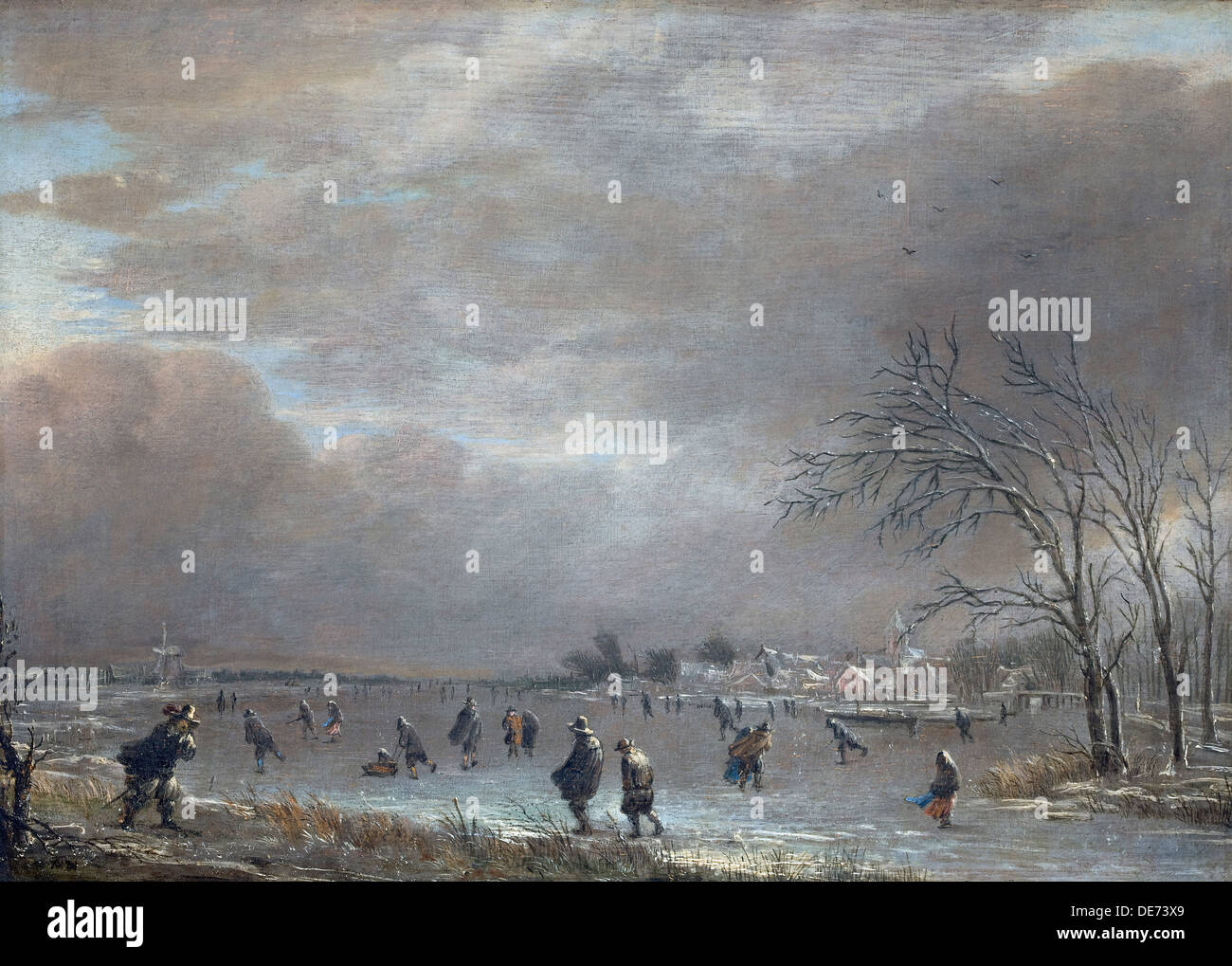 Winterlandschaft mit Skatern auf einem zugefrorenen Fluss. Künstler: Neer, Aert, van der (1603-1677) Stockfoto