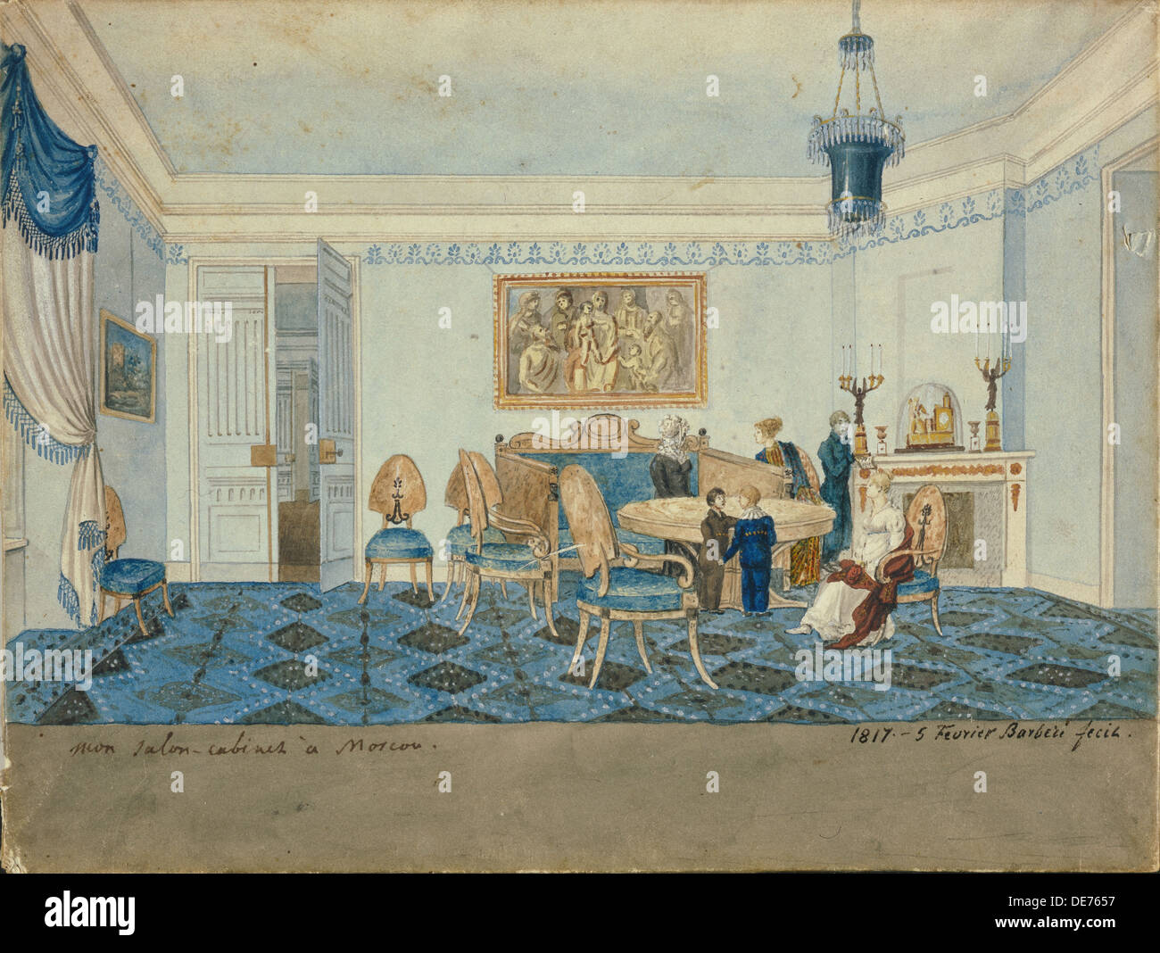 Salon Interior im Haus von Zinaida Volkonskaya in Moskau, 1817. Künstler: Barberi, Michelangelo (aktive Anfang 19. Jh.) Stockfoto