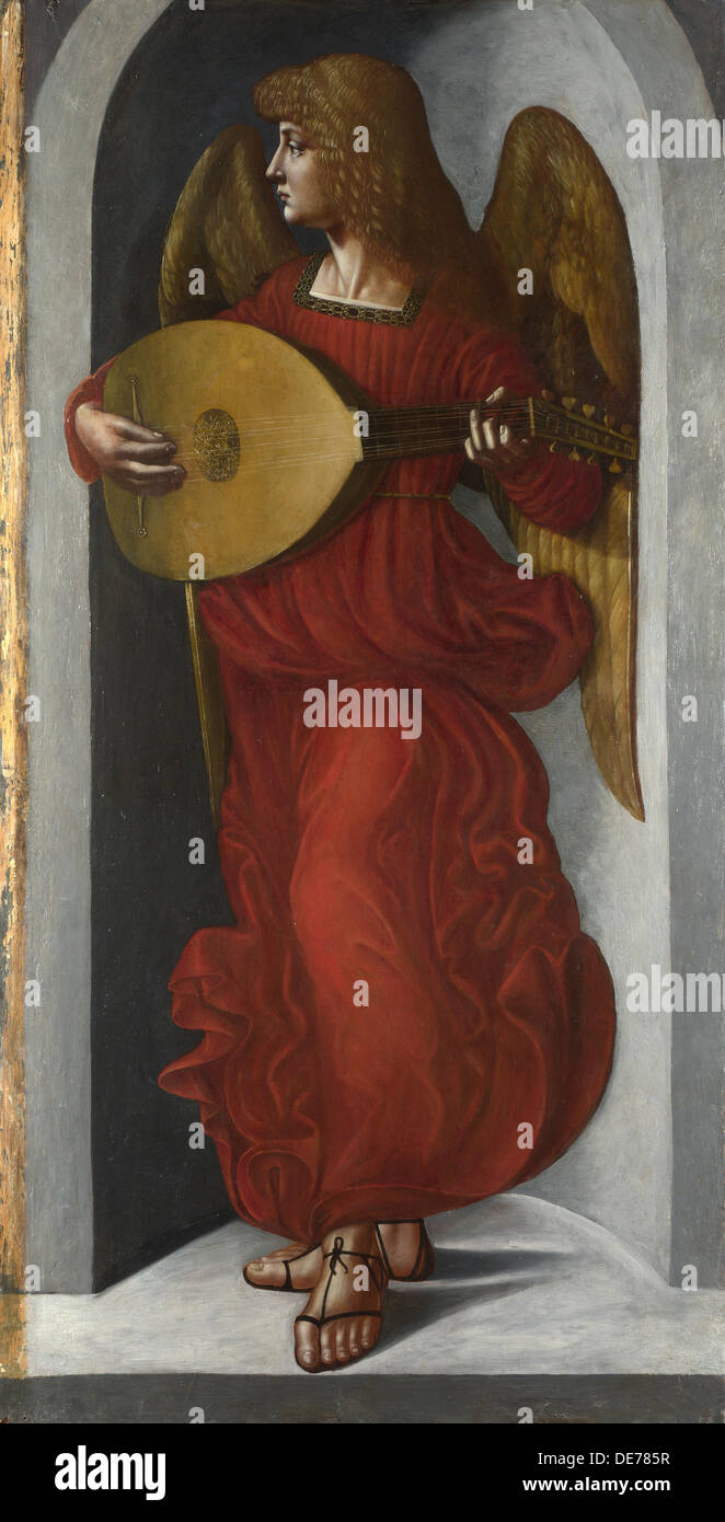 Ein Engel in rot mit einer Laute, c. 1490-1499. Künstler: De Predis, Giovanni Ambrogio (1455-1509) Stockfoto