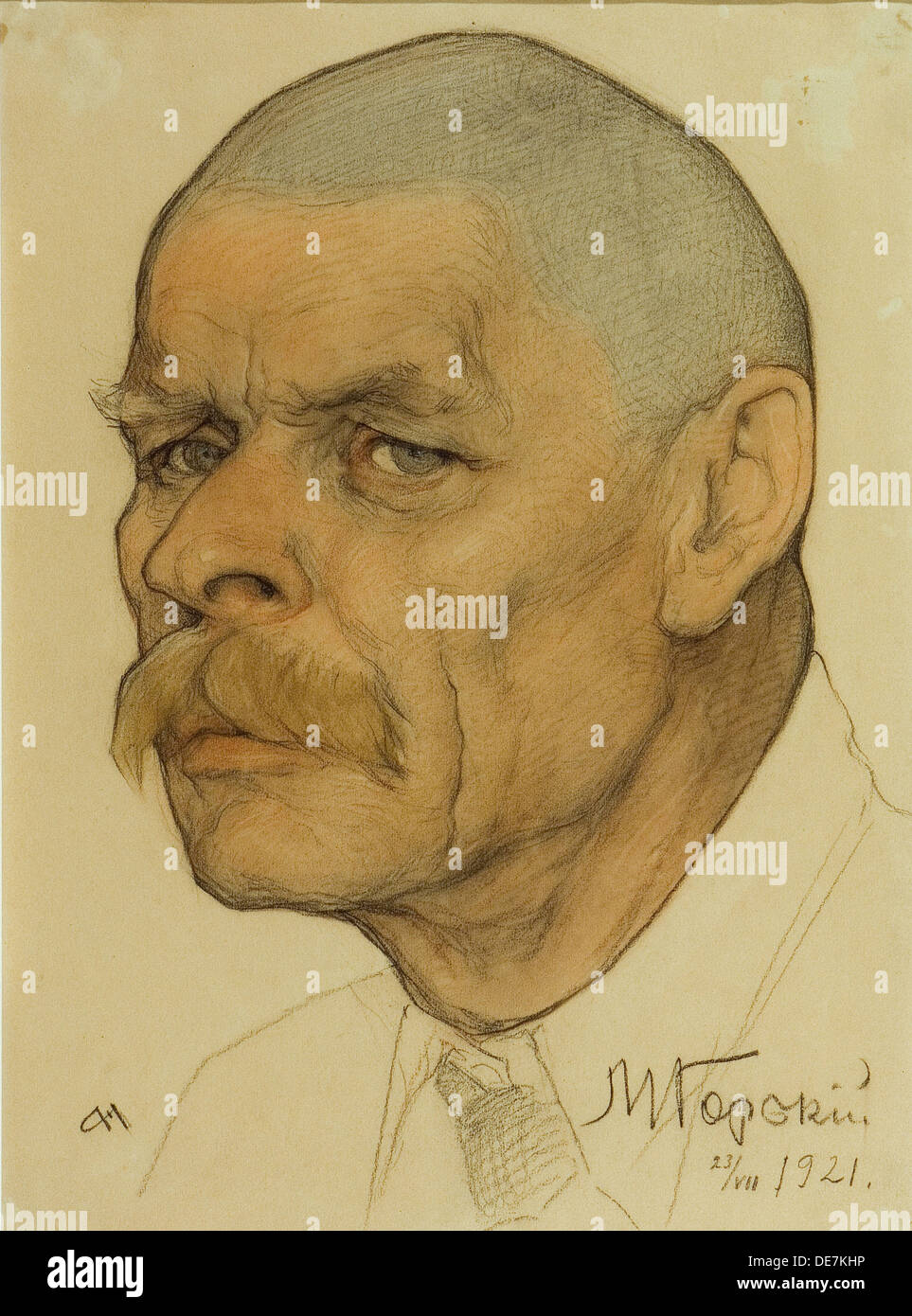 Porträt des Autors Maxim Gorky (1868-1939), 1921. Künstler: Andreev, Nikolai Andrejitsch (1873-1932) Stockfoto