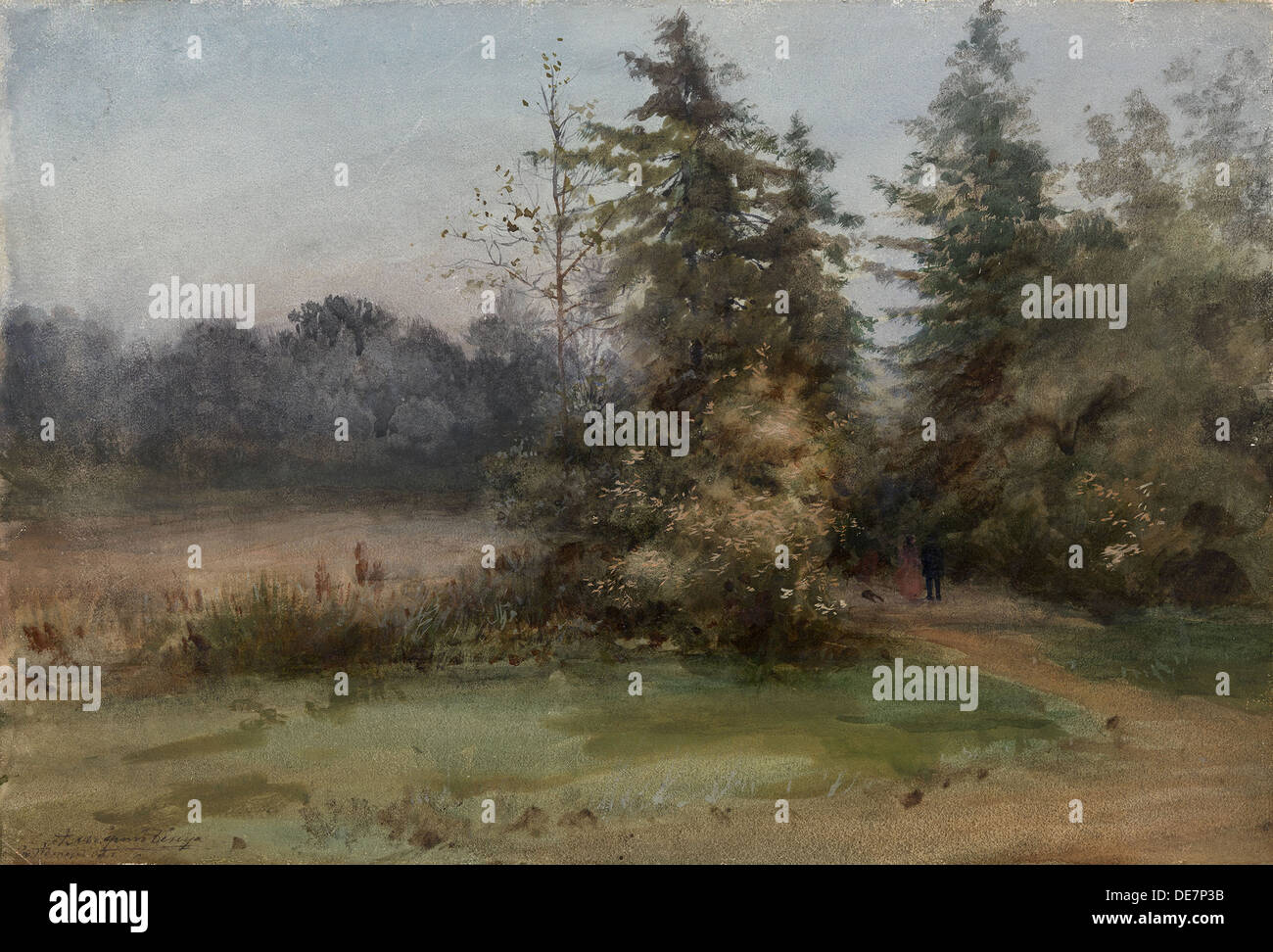 Landschaft mit zwei Figuren. Künstler: Benois, Albert Nikolajewitsch (1852-1936) Stockfoto