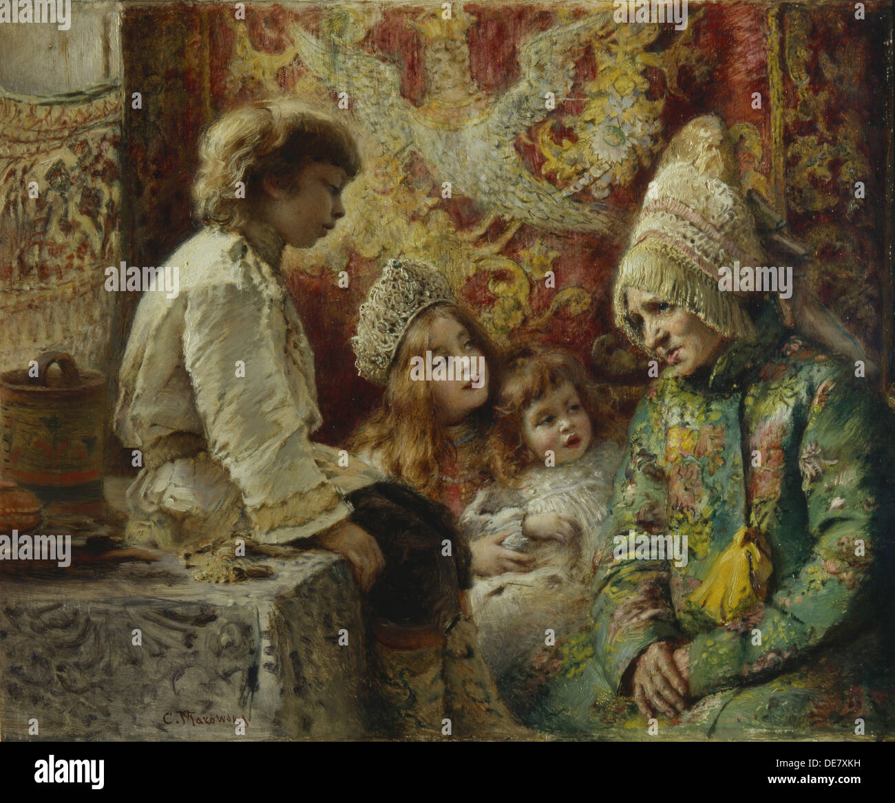 Oma mit Kindern (Großmutter Märchen), 1882. Künstler: Makowski, Konstantin Yegorovich (1839-1915) Stockfoto