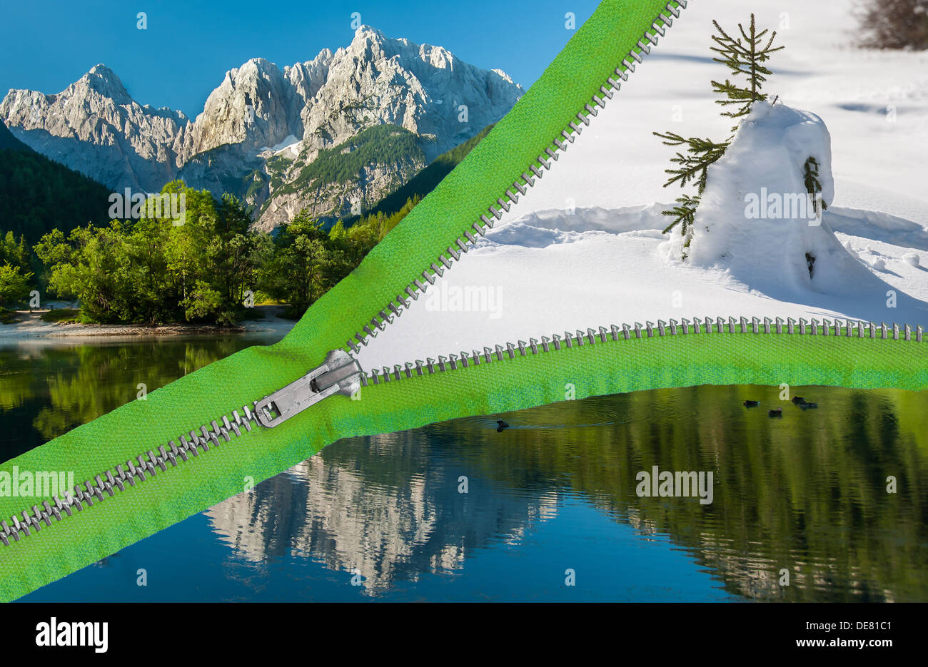 Schnelle Wetterwechsel, vom Sommer bis zum Winter, globale Erwärmung, digitale Kunst mit Reißverschluss Stockfoto