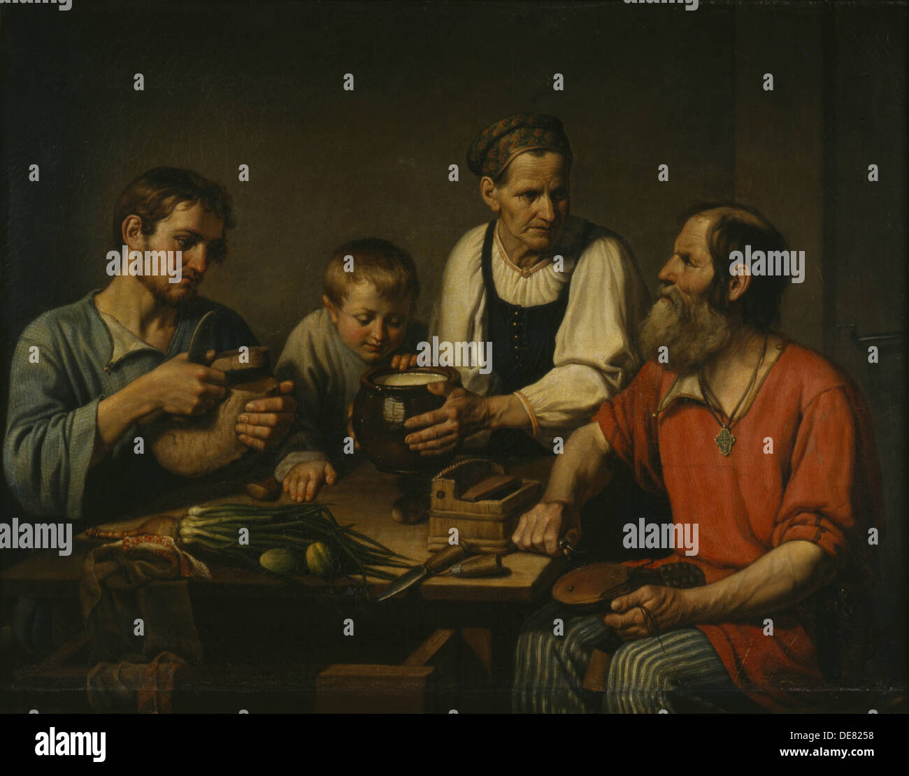 Bauer-Familie vor dem Abendessen, 1824. Künstler: Solntsev, Fjodor Grigoryevich (1801-1892) Stockfoto