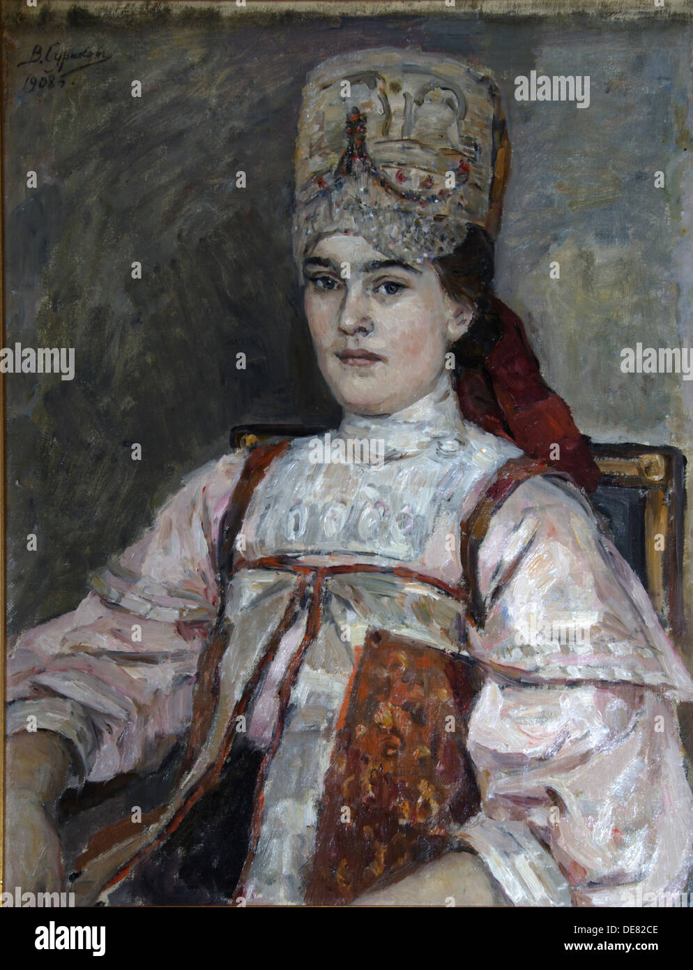 Porträt von Natalja Fjodorowna Matveyeva, 1908. Künstler: Surikov, Vasili Ivanovich (1848-1916) Stockfoto