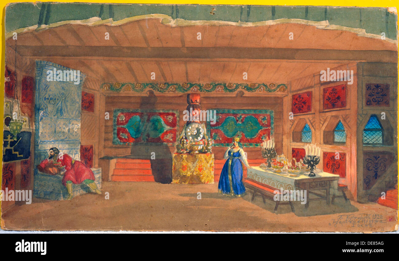 Stage Design für die Oper "Die Zarenbraut" von Nikolai Rimski-Korsakow, 1920. Künstler: Boris Mikhajlovich Kustodijew Stockfoto