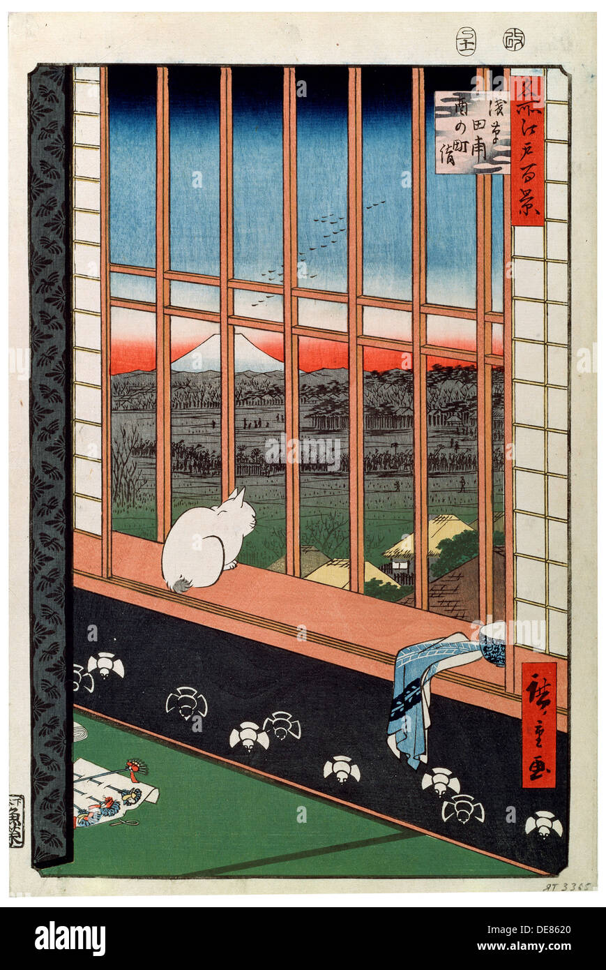 "Eine Katze sitzt auf der Fensterbank", 19. Jahrhundert. Künstler: Ando Hiroshige Stockfoto