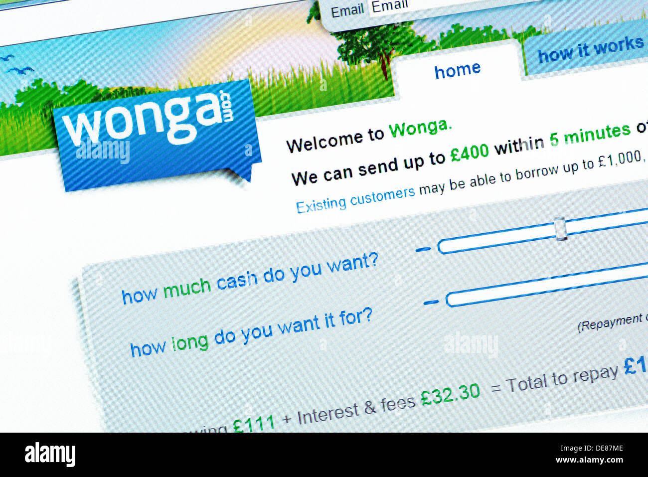Wonga.com. Website der Zahltag Darlehen Unternehmen. Wonga.com Angebot kurzfristig hohe Zinsen Kredite an Verbraucher und Unternehmen. Stockfoto