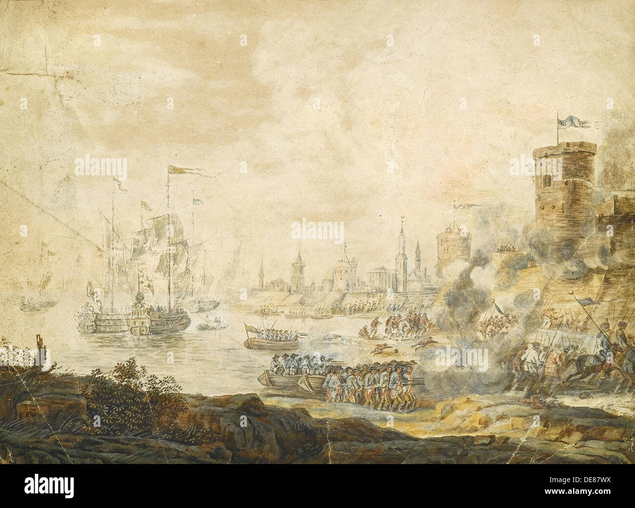 Das Marine Schlacht von Chesma am 5. Juli 1770, 18. Jahrhundert. Künstler: anonym Stockfoto