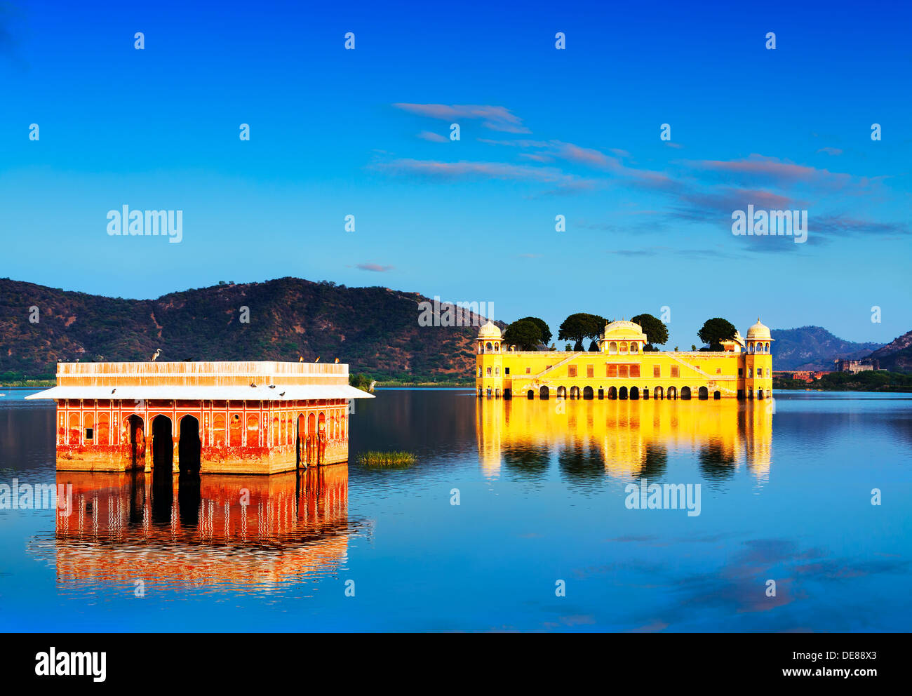 Der Palast Jal Mahal (Wasserpalast) bei Sonnenuntergang. Mansarovar See. Jaipur, Rajasthan, Indien, Asien. Panorama. Stockfoto