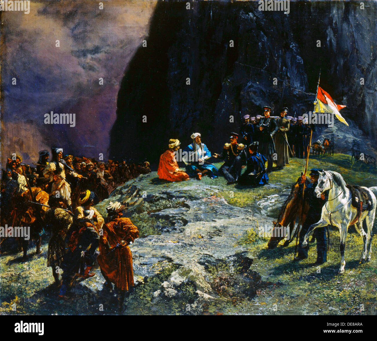 "Die Treffen der Allgemeinen Klüke von Klügenau und Imam Schamil 1837', 1849. Artist: Grigory Gagarin Stockfoto