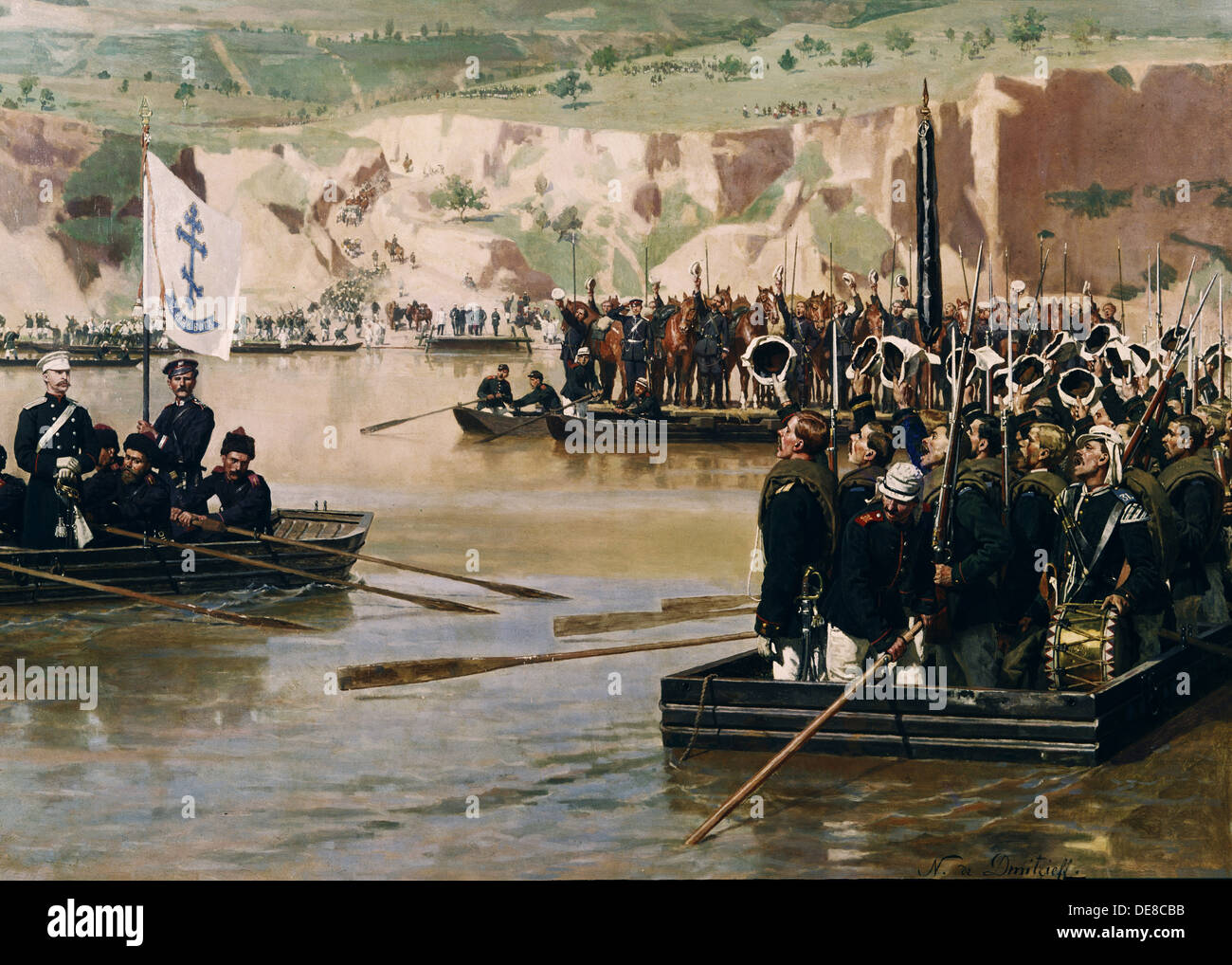 Die Russen über die Donau in Svistov Juni 1877 der 1870er Jahre. Künstler: Dmitriev-Orenburgsky, Nikolai Dmitrijewitsch (1837-1898) Stockfoto