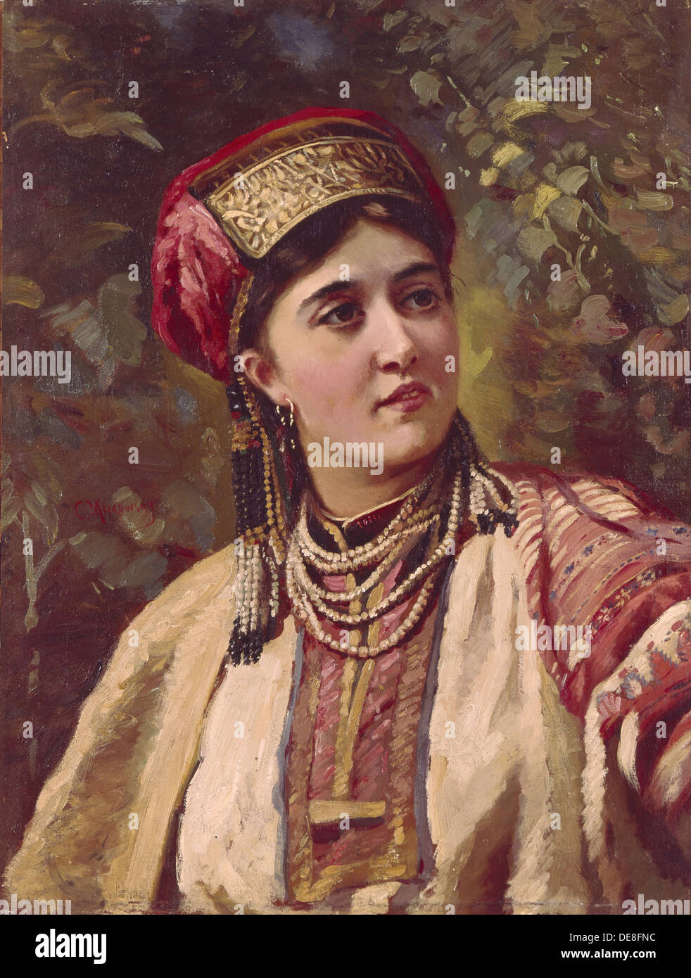 Mädchen in traditioneller Tracht. Künstler: Makowski, Konstantin Yegorovich (1839-1915) Stockfoto