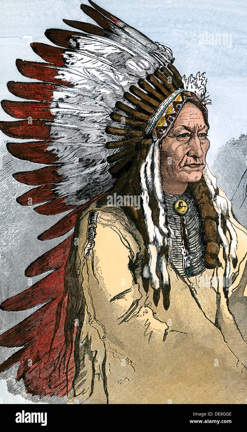 Chief Sitting Bull gekleidet wie ein Krieger. Hand - farbige Holzschnitt Stockfoto