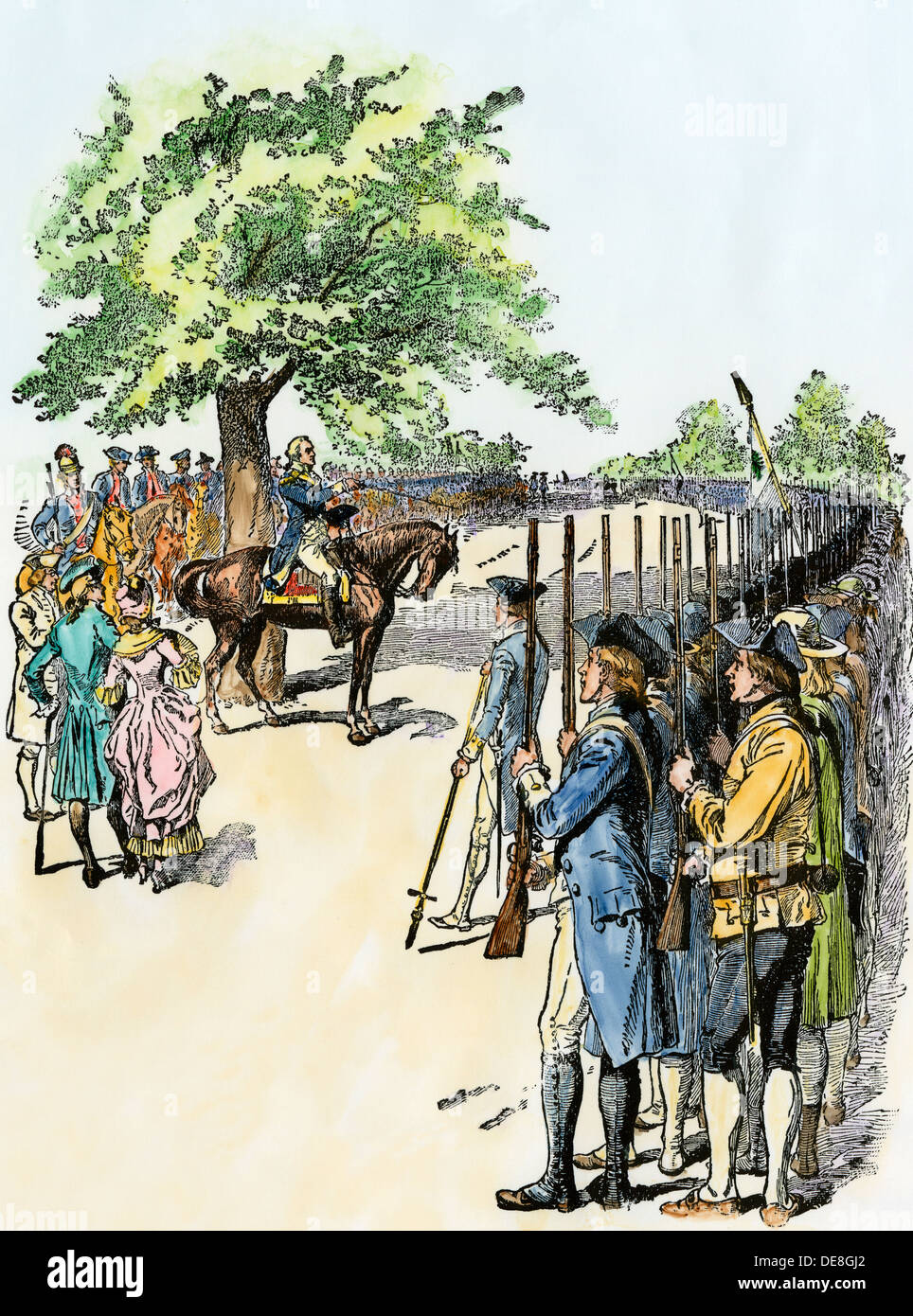 Befehl George Washington, der amerikanischen Armee. Hand - farbige Holzschnitt Stockfoto