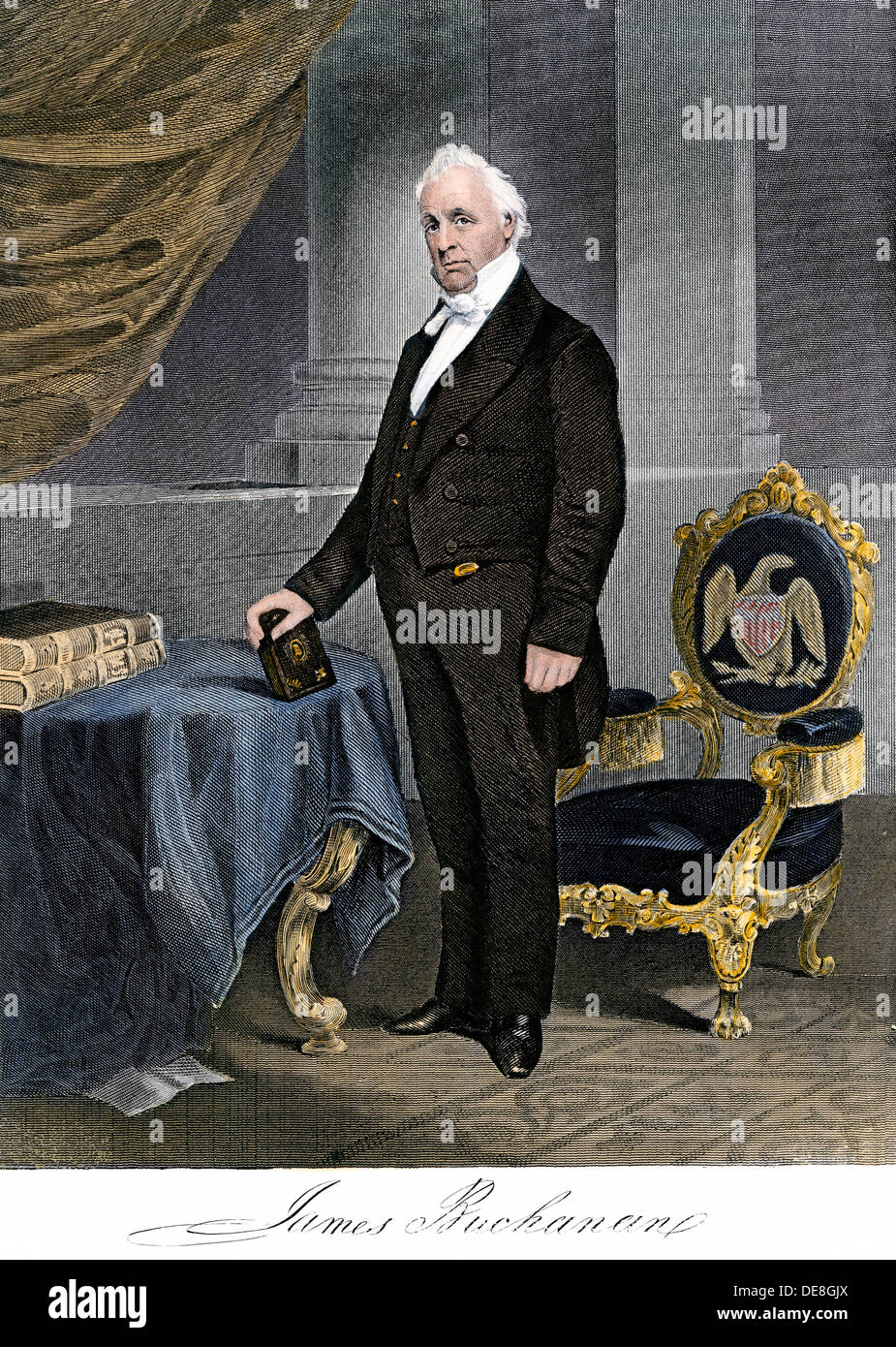 Präsident James Buchanan im Weißen Haus, mit seinem Autogramm. Handcolorierte Stahlstich Stockfoto