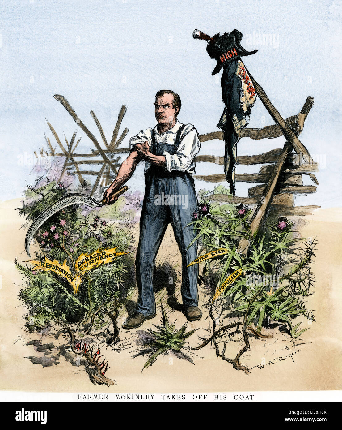 "Landwirt McKinley Nimmt seine Coat" Cartoon über Präsident McKinley Probleme aussortieren, 1896. Hand - farbige Holzschnitt Stockfoto