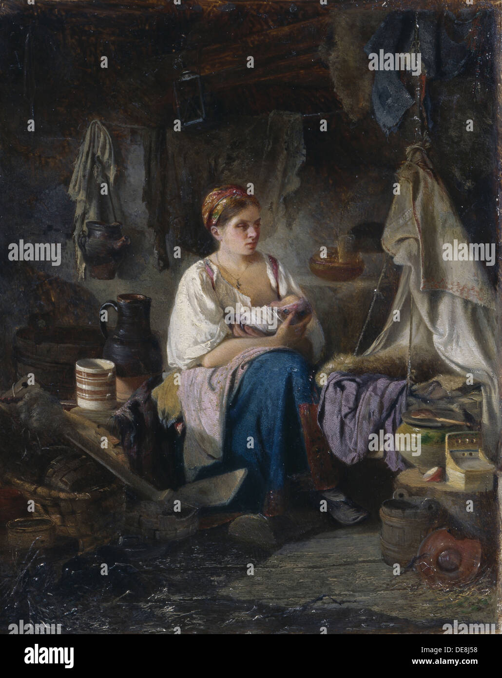 Junge Mutter, 1868. Künstler: Pelevin, Ivan Andrejewitsch (1840-1917) Stockfoto