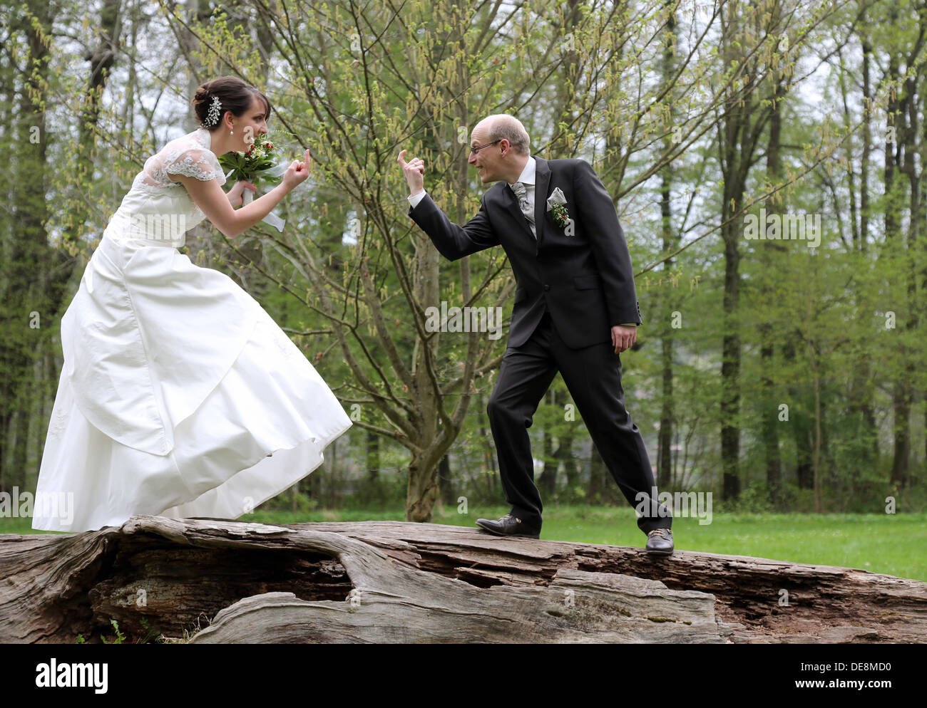 Buckow, Deutschland, Brautpaar Umgestuerzten balancieren auf einem Baumstamm Stockfoto