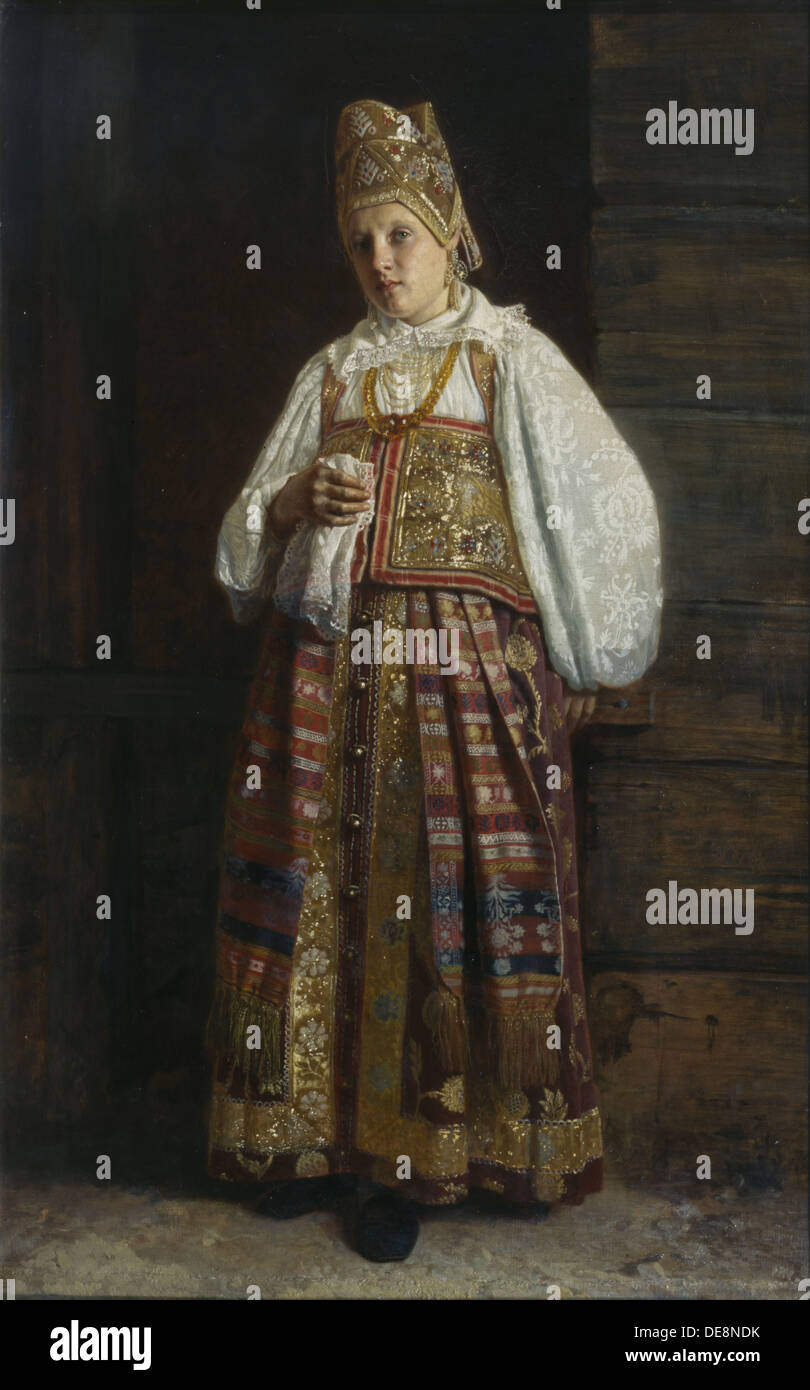 Frau aus Kursk in der traditionellen russischen Kleidung, 1871. Künstler: Sedov, Grigori Semyonovich (1836-1884) Stockfoto