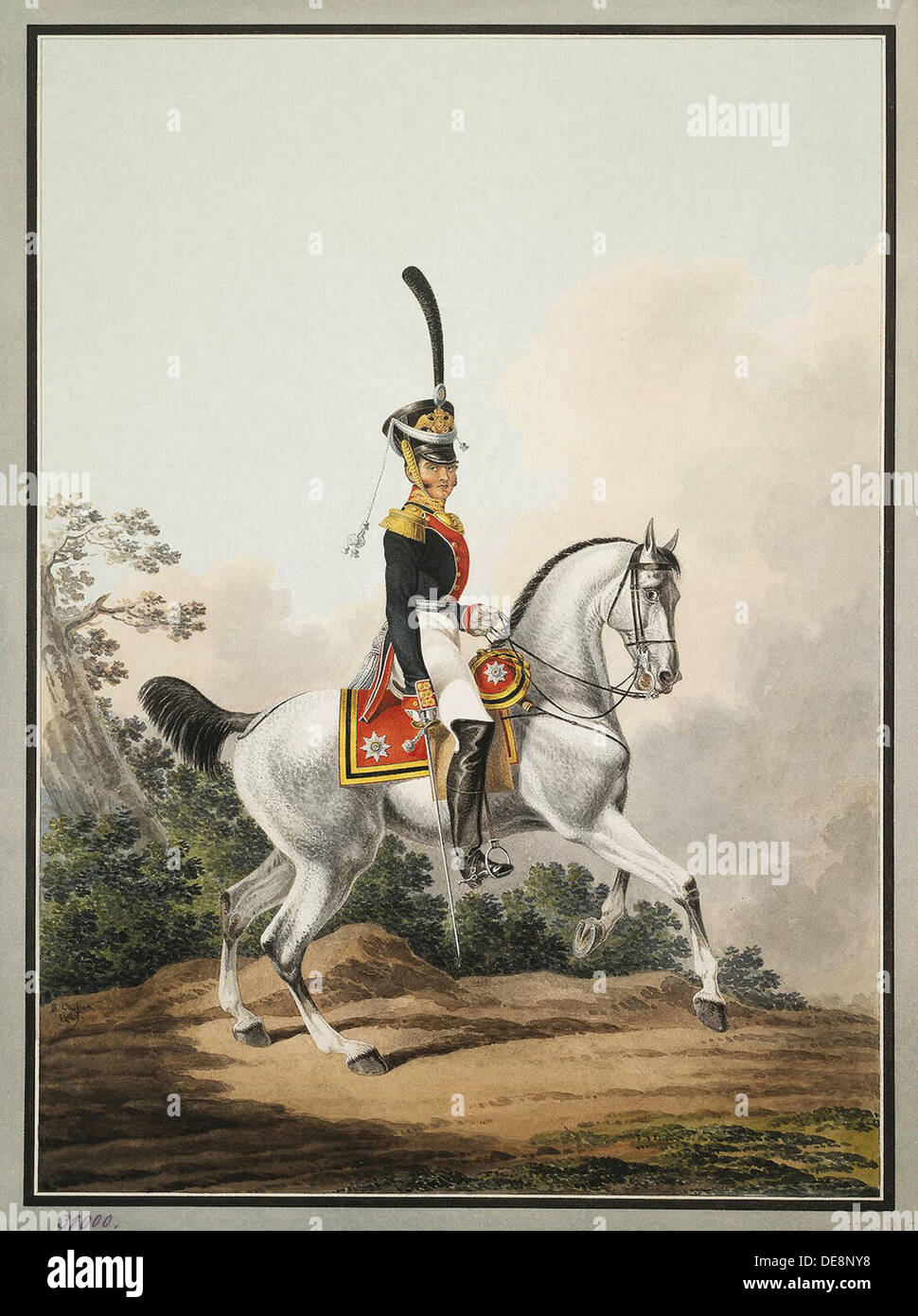 Stabsoffizier des Preobraschenskij-Regiments auf Pferde, Anfang 19. Jh.. Künstler: Shiflard, Samuel (aktive Anfang 19. Jh.) Stockfoto