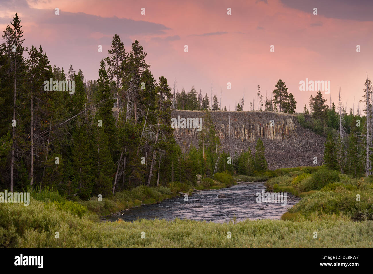 Weitwinkel-Foto von Sheepeater Basaltfelsen. Yellowstone-Nationalpark Stockfoto