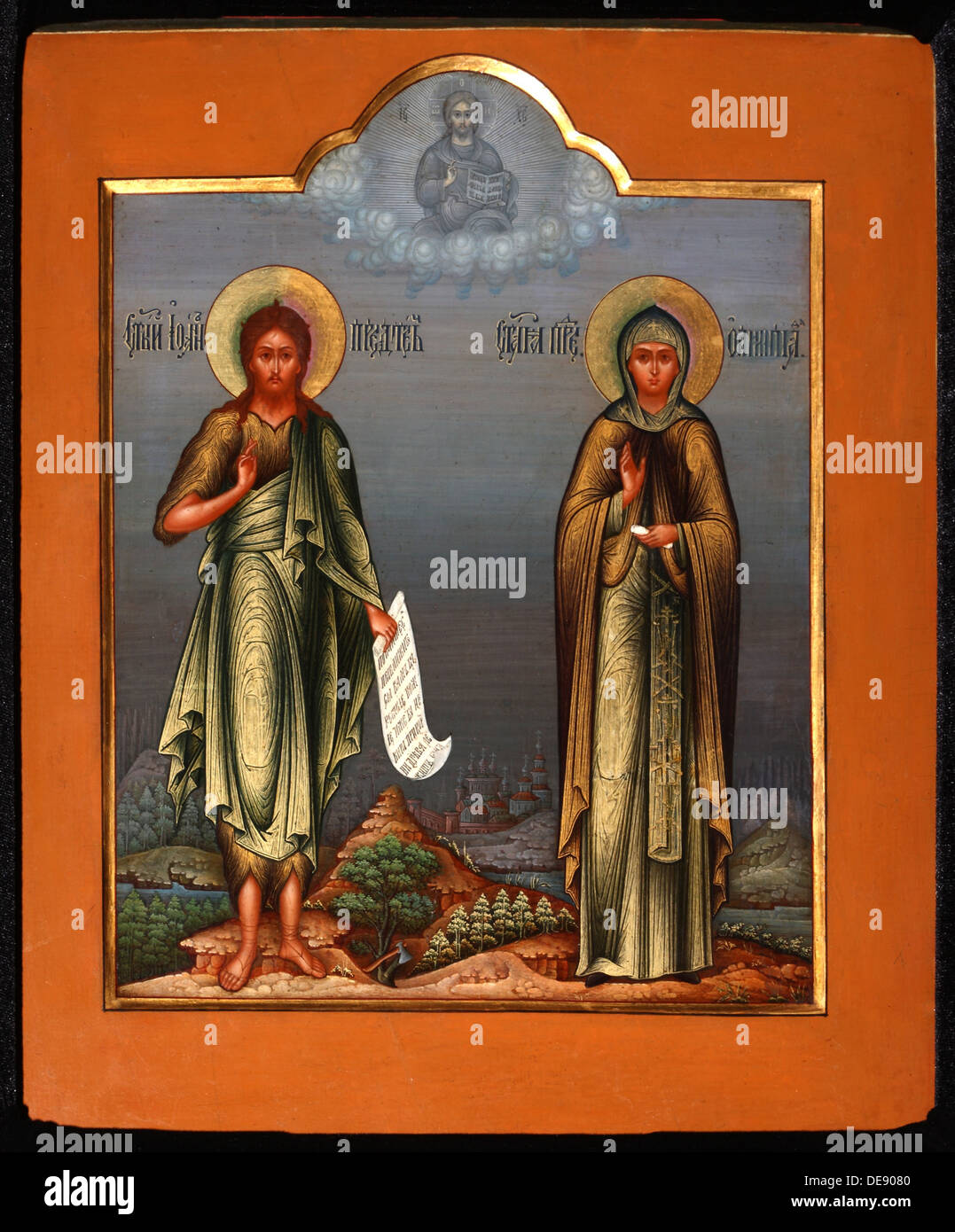 Sankt Johannes der Vorläufer und Saint Olympia die Diakonisse, Ende des 19. Jhs.. Künstler: Russische Ikone Stockfoto