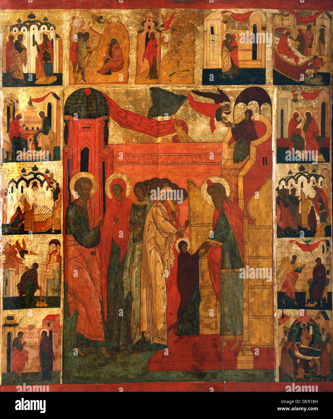 Der Eintrag der meisten Heiligen Gottesgebärerin in den Tempel, 16. Jahrhundert. Künstler: Russische Ikone Stockfoto