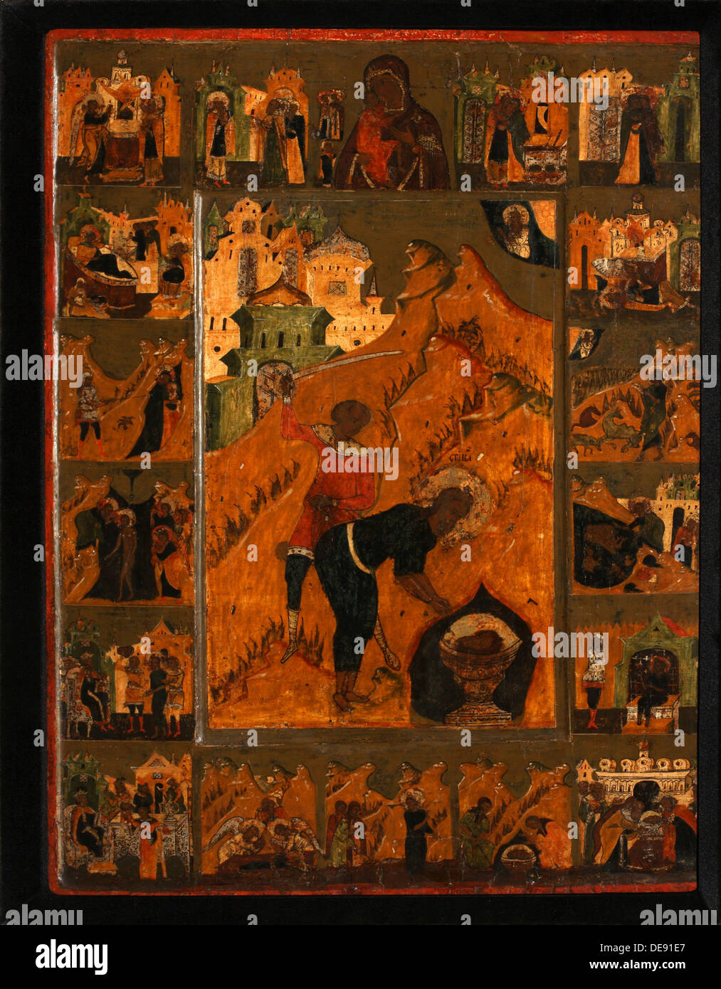 Die Enthauptung des Heiligen Johannes des Täufers mit FJO Gottesmutter, Anfang 17. Jh.. Künstler: Russische Ikone Stockfoto