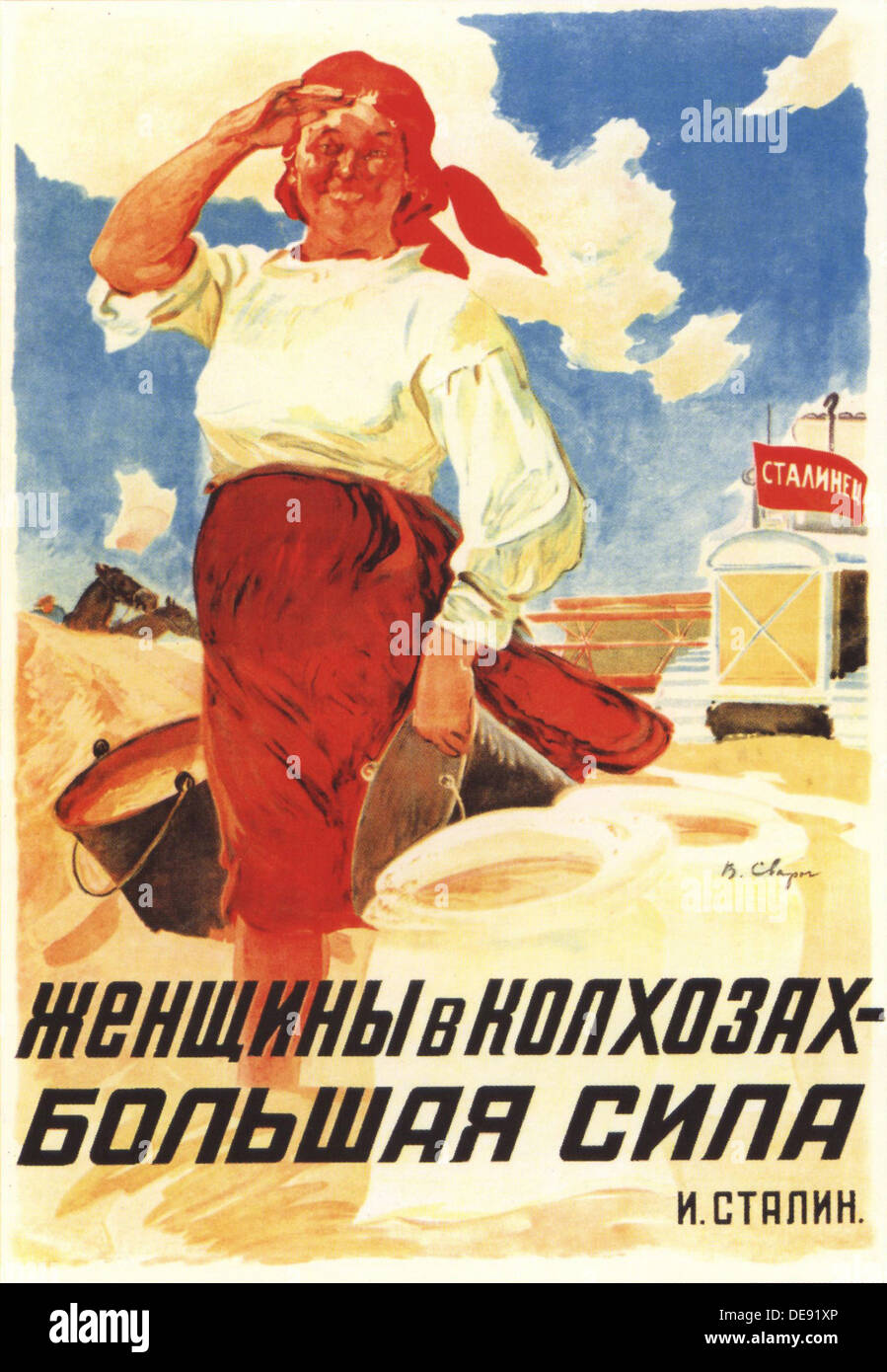 Frauen an die Kolchosen sind eine Großmacht (J. Stalin) ((Poster), 1935. Künstler: Svarog, Vasili Semyonovich (1883-1946) Stockfoto
