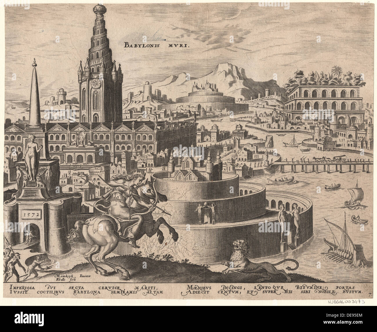 Mauern von Babel (aus der Serie Das achte Wunder der Welt) Nach Maarten van Heemskerck, 1572 sterben. Artist: Galle, Philipp (1537-1612) Stockfoto