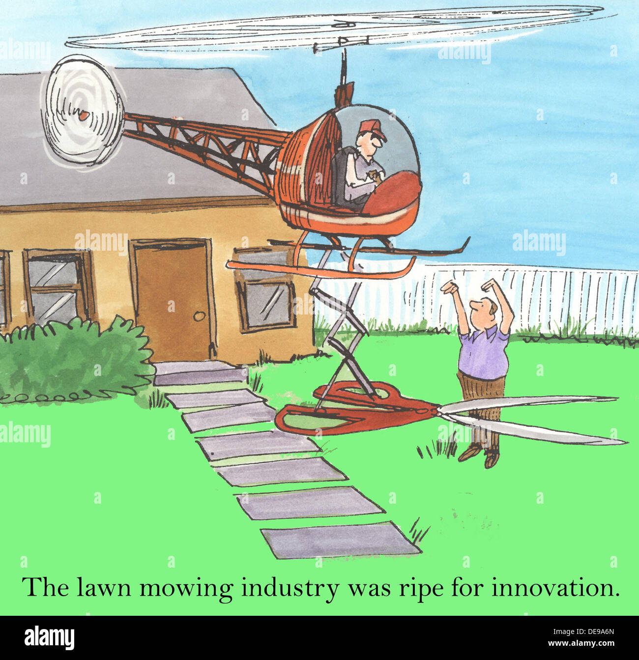 Innovation kann auf jede Branche angewendet werden, sogar auf das Rasenmähgeschäft. Die Rasenmähindustrie war reif für Innovationen. Stockfoto