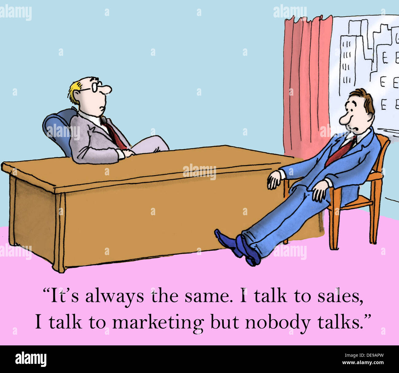 "Es ist immer das gleiche. Ich rede mit Vertrieb, ich Rede mit Marketing, aber niemand spricht. Stockfoto