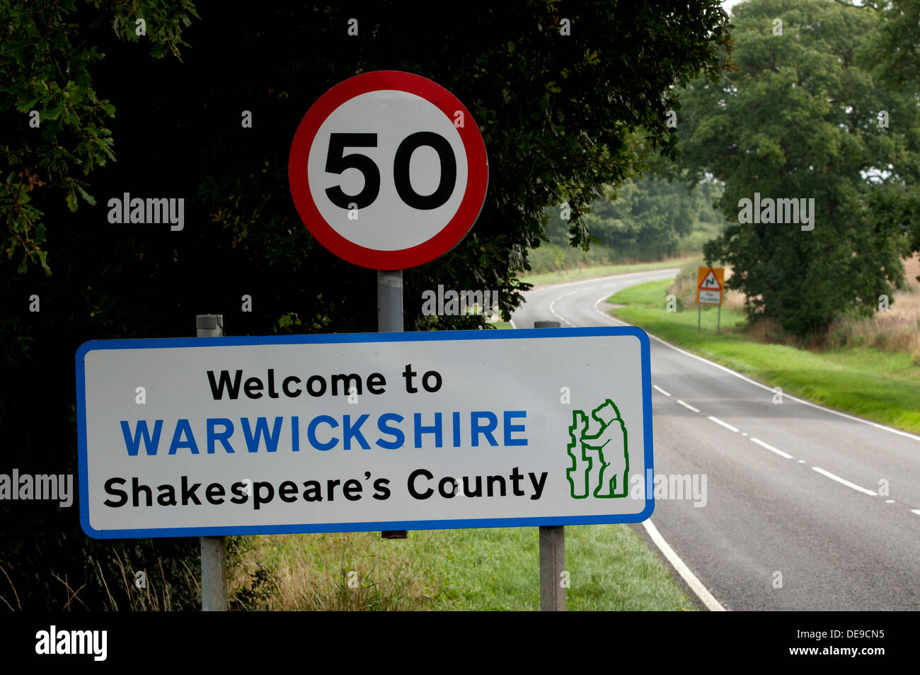 Herzlich Willkommen Sie in Warwickshire Shakespeares Grafschaft Straßenschild Stockfoto