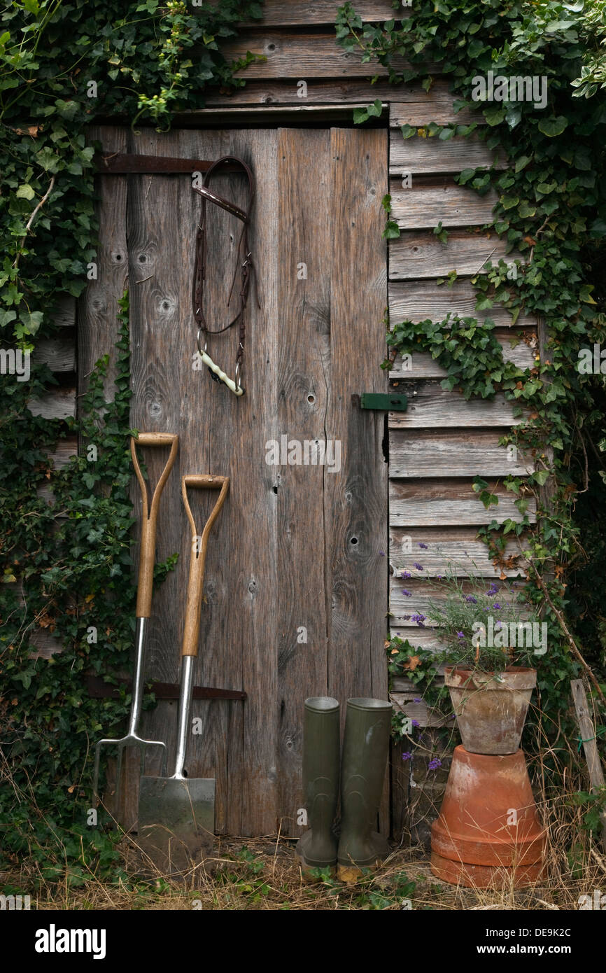 Rustikale Gartenhaus Tr mit Efeu Stockfotografie - Alamy