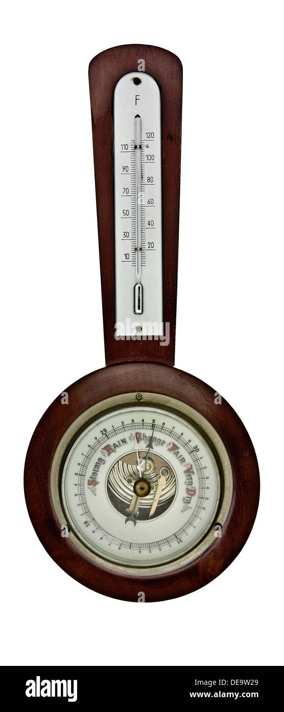 Vintage Barometer isoliert auf weißem Hintergrund, Schneidepfad Stockfoto