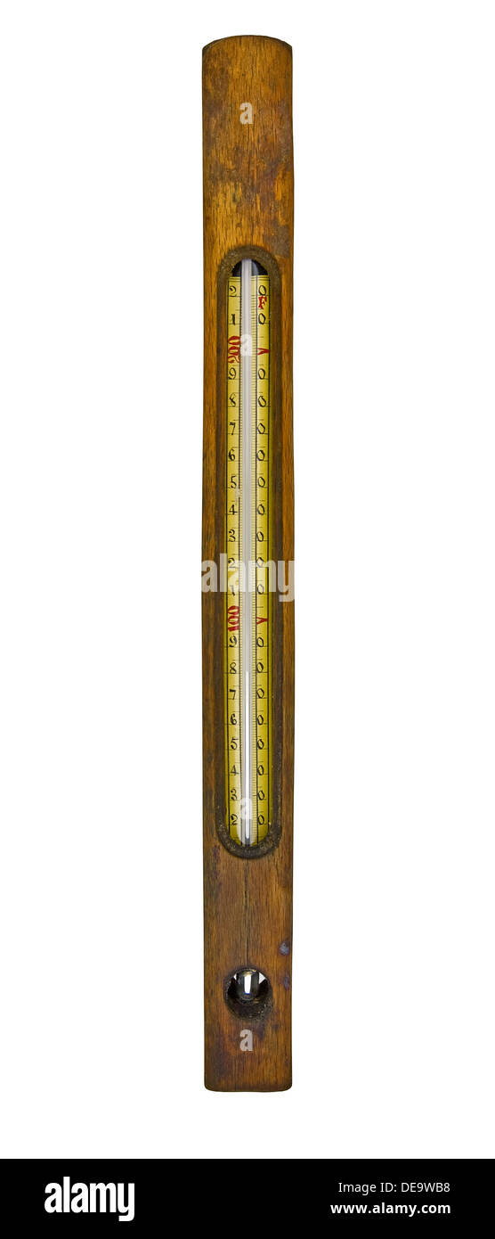 Vintage Holz schwimmende Thermometer isoliert auf weißem Hintergrund, Schneidepfad Stockfoto