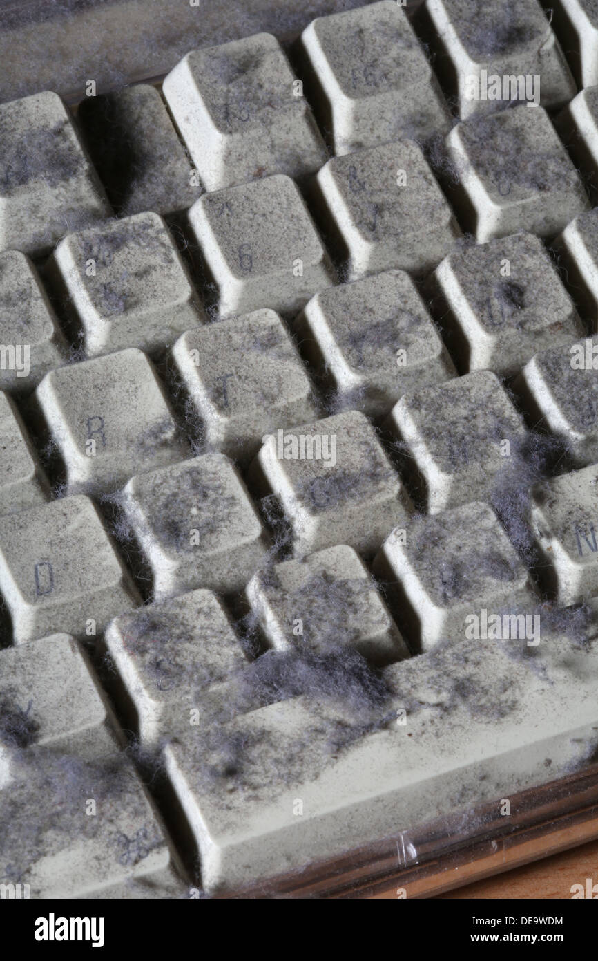 nicht verwendete Computer-Tastatur mit Staub und Spinnweben bedeckt Stockfoto