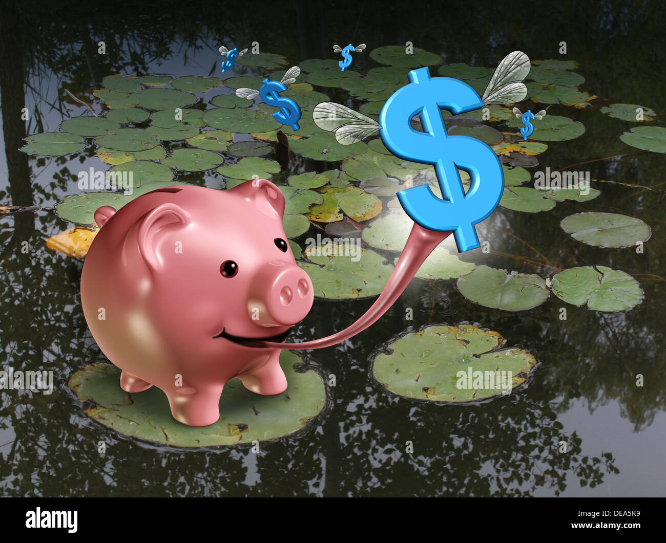 Schnäppchen Jagd Geschäft und finanzielle Konzept mit einem Sparschwein Charakter vorgibt, wie ein Frosch zu sein, in dem sie fliegende Fehler fängt wie Dollarzeichen mit einem klebrigen Zunge als Symbol des Haushalts. Stockfoto